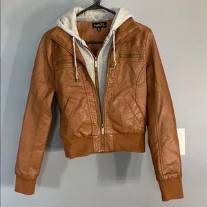 Brown leather jacket with hood